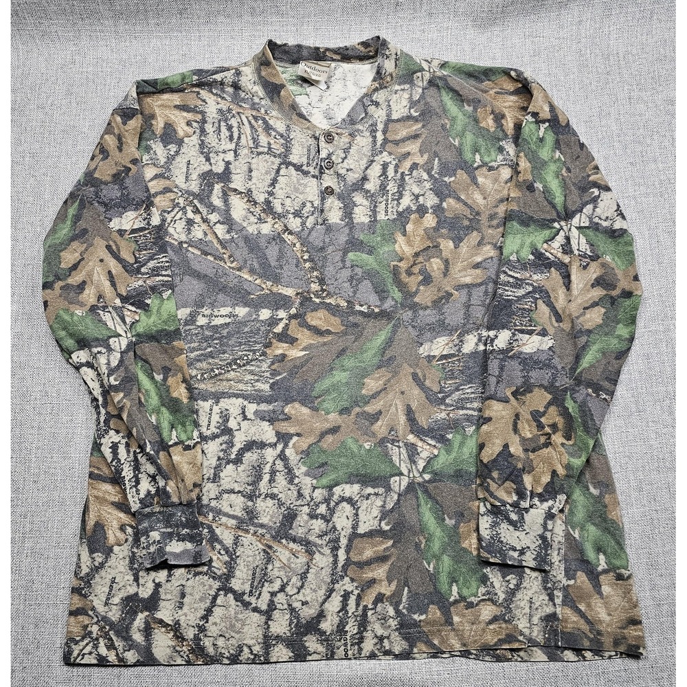 Vintage Jerzees Outdoors Shirt Mens XL Camo Long Sleeve Henley USA Hunting